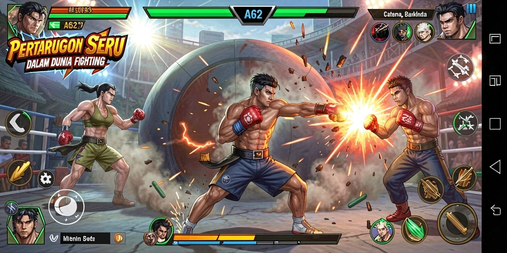 Screenshot gameplay AA62 menampilkan pertarungan seru dengan karakter unik.