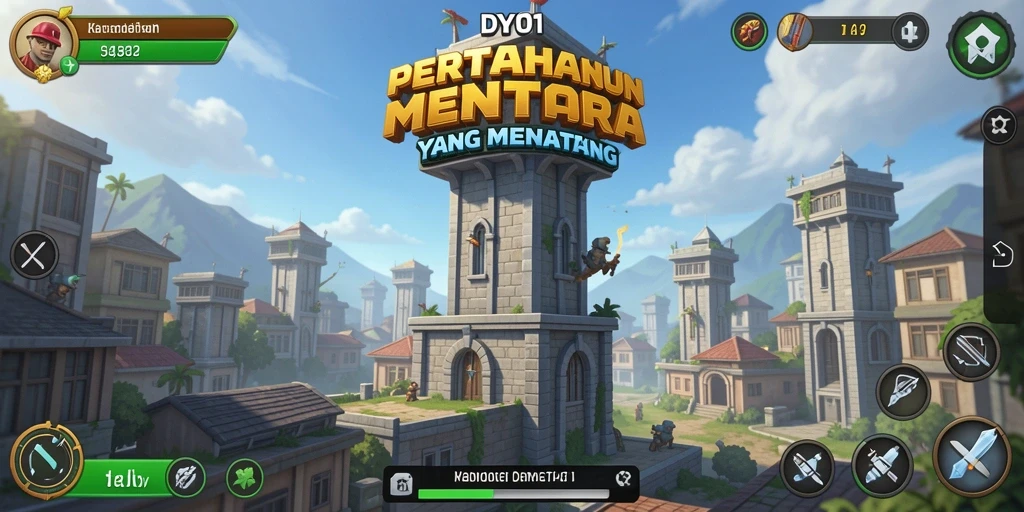 Screenshot utama DY01 menunjukkan aksi menara defense melawan musuh.