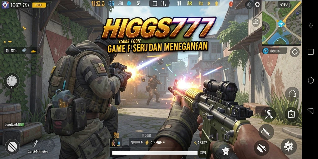 Tangkapan layar menampilkan aksi tembak-menembak yang intens dalam HIGGS777.