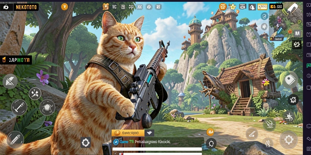Screenshot gameplay NEKOTOTO yang menunjukkan aksi seru dan karakter kucing.