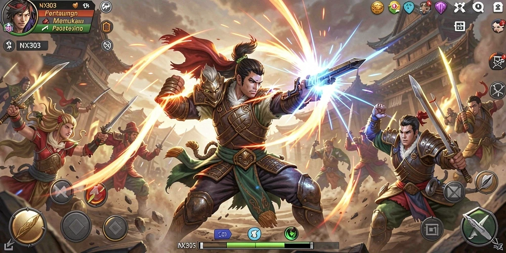 Screenshot gameplay NX303 menampilkan karakter bertarung dengan dinamis.