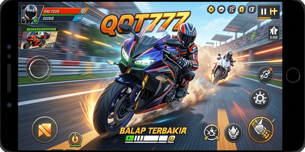 Tangkapan layar gameplay QT777 yang menampilkan aksi balap motor yang mendebarkan.
