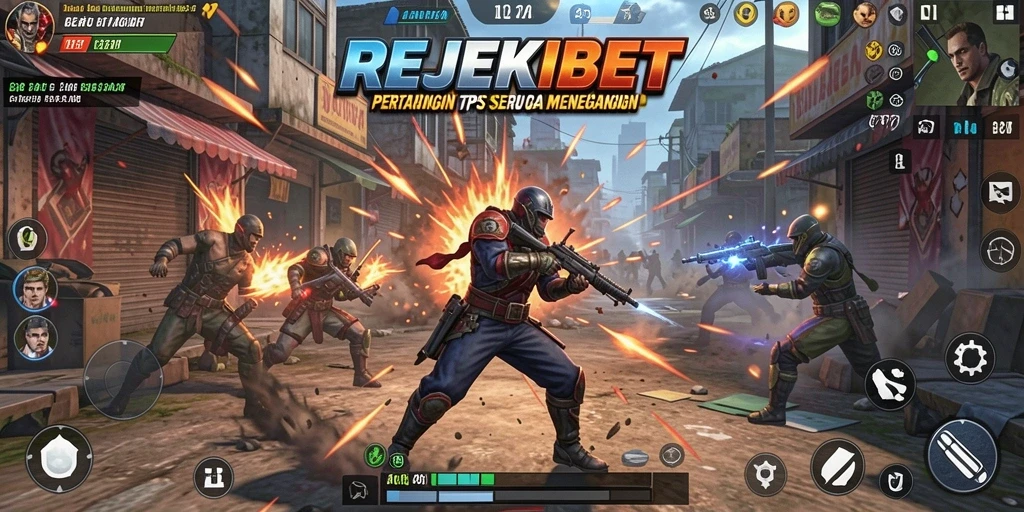 Screenshot gameplay seru REJEKIBET menampilkan aksi tembak-menembak yang menegangkan.