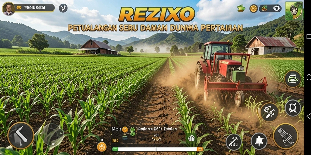 Screenshot gameplay REZIXO menampilkan ladang yang subur dan aktivitas bertani.