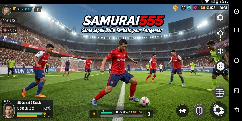 Tangkapan layar dari gameplay <strong>SAMURAI555</strong> yang menampilkan aksi pertandingan sepak bola.