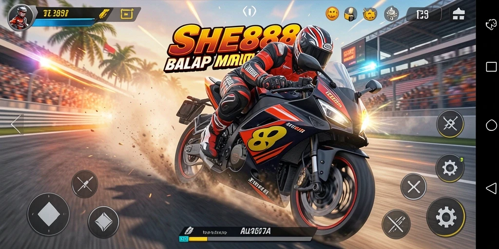 Gameplay SHE888 menampilkan aksi balapan motor yang mendebarkan.