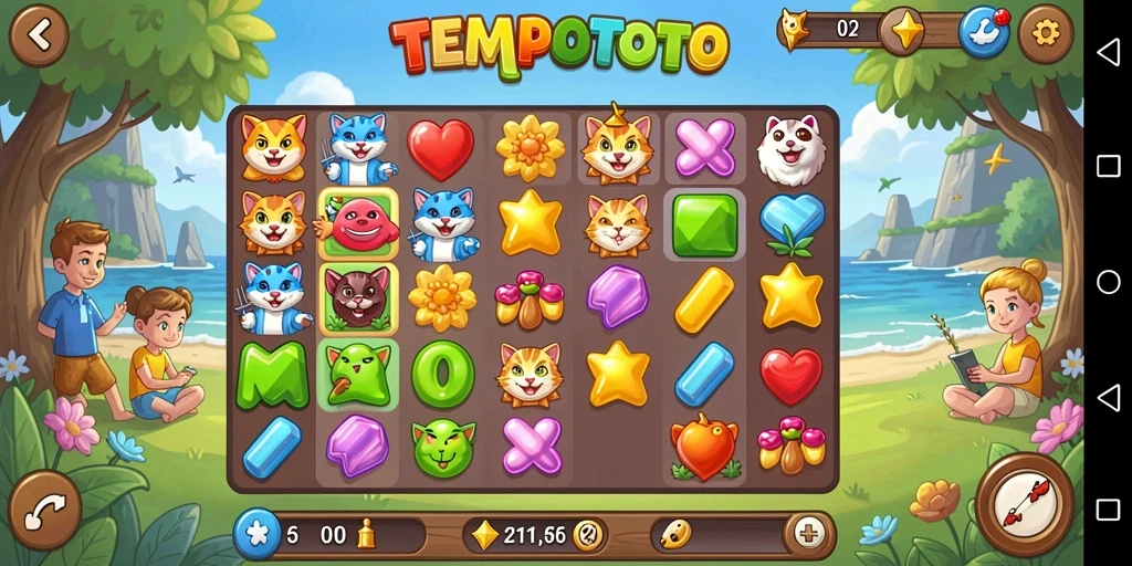 Tampilan gameplay seru TEMPOTOTO dalam aksi Match-3.