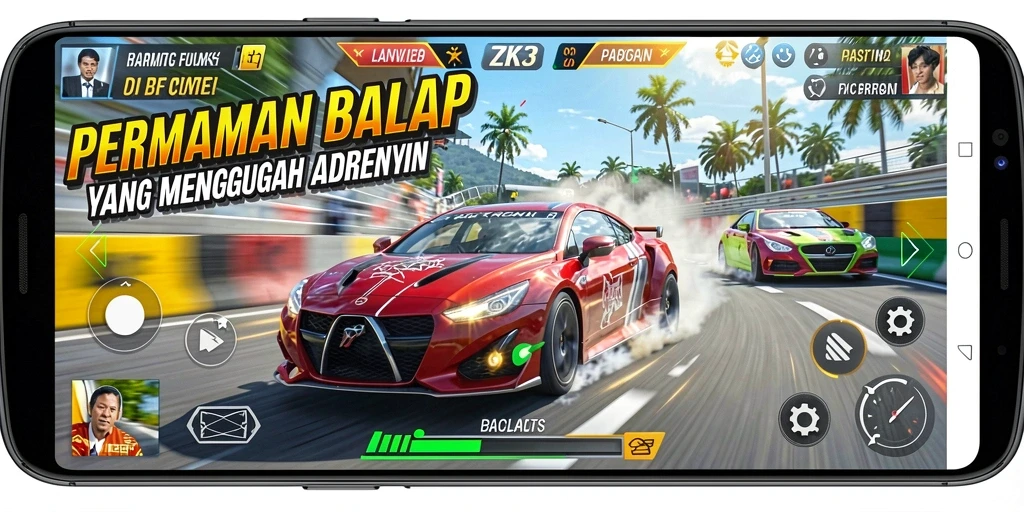 Screenshot gameplay ZK3 menampilkan balapan mendebarkan di lintasan kota.