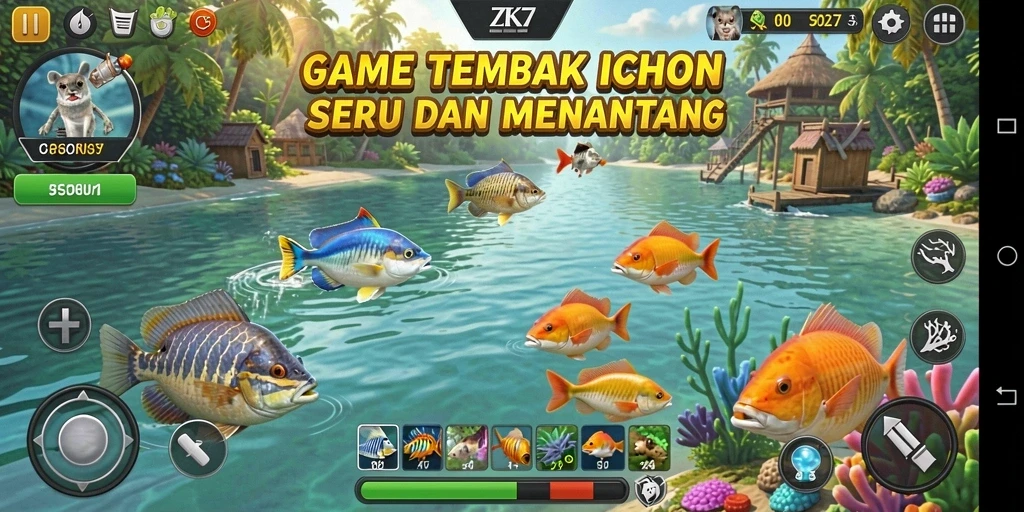 Tangkapan layar ZK7 menunjukkan aksi menembak ikan yang seru dan penuh warna.